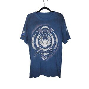 Affliction Distressed Graphic T Shirt Mens Blue L Boat Neck Short Sleeve USA Tee